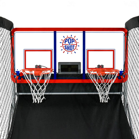 close up of backboard of indoor outdoor dual shot basketball game by pop-a-shot